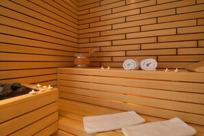 Private sauna equipped with towels and scented candles in a luxury vacation villa Bol in the center of Bol, Croatia