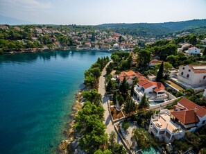 Aerial view of the luxury holiday villa Dream and Live next to the pebble beach on the island of Brač