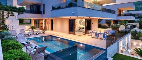 The patio of the Croatia modern villa for rent Galatea with infinity pool in Marina near Trogir