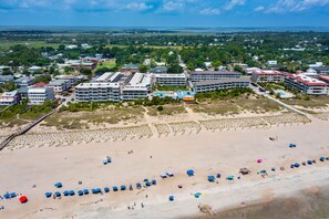 Aerial view of the beach and property