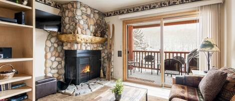 Wood burning fireplace in the living room 