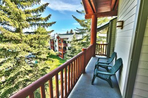 The private patio includes green Adirondack chairs to take in the mountain views.
