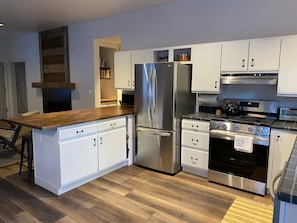Large open kitchen; plenty of counter space.