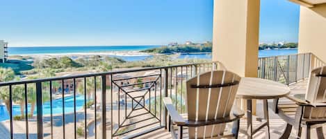 Views of the beach, Big Redfish lake, and the pools from our spacious balcony. 
