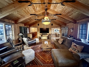 Living room 72 inch flatscreen and surround sound