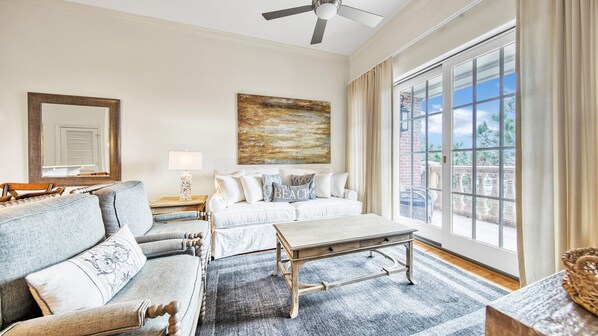 Spacious family room with pull-out queen sleeper sofa