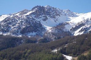 Balcony view of ski slopes 