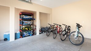 Garage stocked with beach gear and bikes