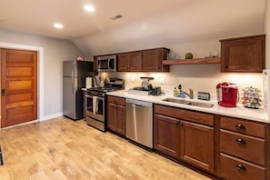 Meticulously decorated and organized kitchen.