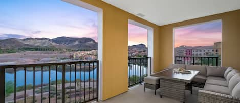 Full view of Lake Las Vegas and the Village.  From this balcony you can enjoy views of the lake activities and fireworks.