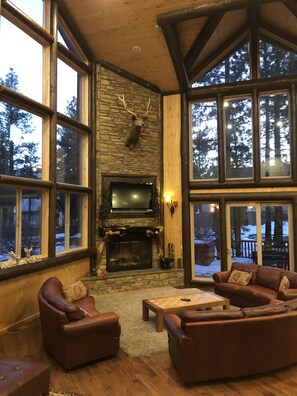 Cozy living room with mountain & tree views