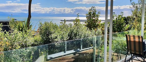 Sunny balcony with sea views - over mature trees to Nelson's harbour entrance!