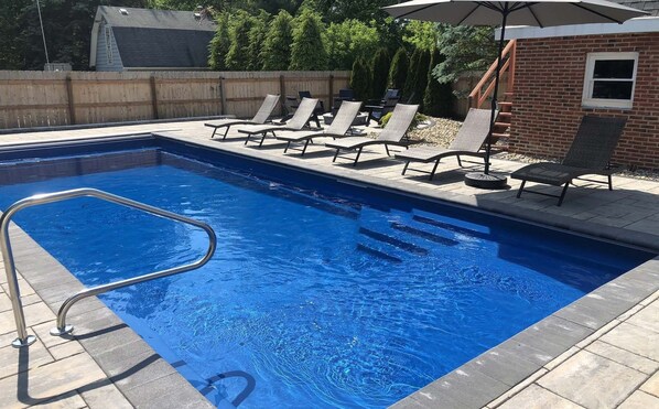 15x32 saltwater, heated pool with tanning shelf!