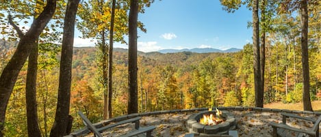 Beautiful outdoor fire-pit with a view of the mountains. 