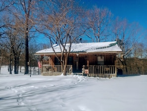 Front winter cabin view! Central heat and air heat pump. Warm propane fireplace.