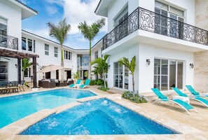 Pool area and hot tub