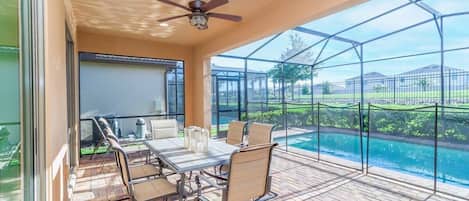 Private pool area with an outdoor dining area, and BBQ grill. Great space for entertaining.