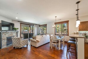 View of living room and dining room.