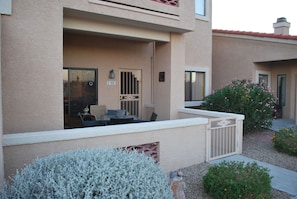 Front patio and outdoor dining table.