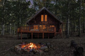 Our cozy cabin at night.