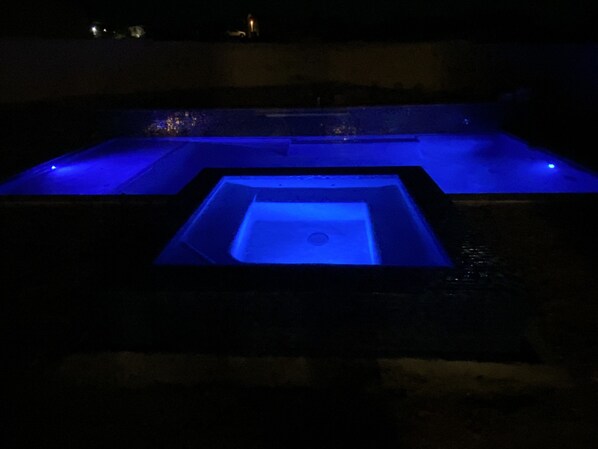 Pool-spa at night. Many LED colors to chose from. 