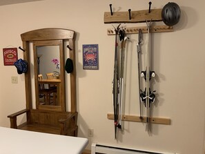 Ski, backpack and helmet rack for your use.