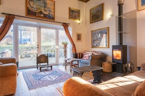 downstairs lounge with fireplace