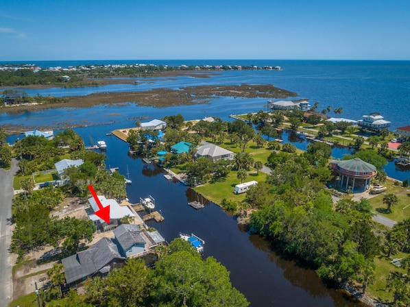 You are here .  On the water.  Kayak or canoe from our dock to the open gulf.