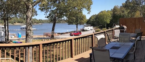 sitting on deck, looking at lake, chilling out