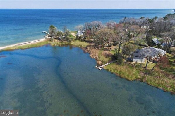 Ariel view of the house, dock and beautiful Chesapeake Bay.