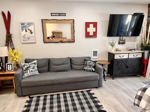 Our comfy Sleep sofa converts to a queen bed