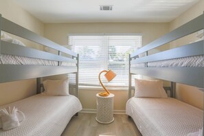 Your kids will love our bunk bedroom, which has two bunk beds for a total of four twin XL beds.