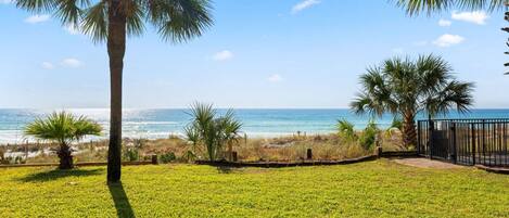 Enjoy this view of the gulf from your first-floor condo and private patio.