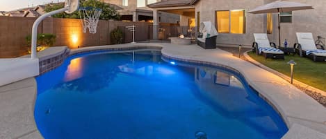 Welcome to QUAIL RUN, our 4 BR, 2 BA, single story home with a heated pool and gas fire pit.
