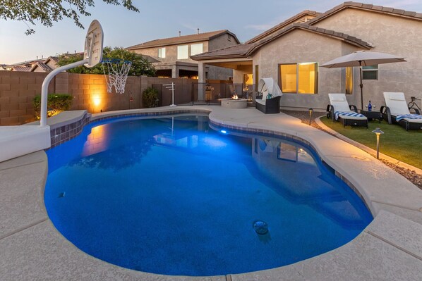 Welcome to QUAIL RUN, our 4 BR, 2 BA, single story home with a heated pool and gas fire pit.