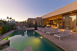 Complete privacy with saltwater pool and spa, outdoor dining, BBQ, and firepits.