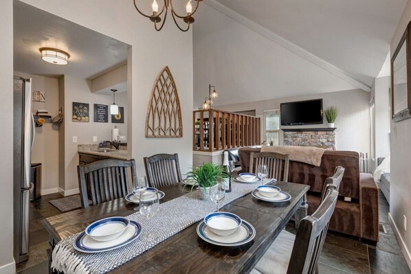 Enjoy the family room with a cozy fireplace.