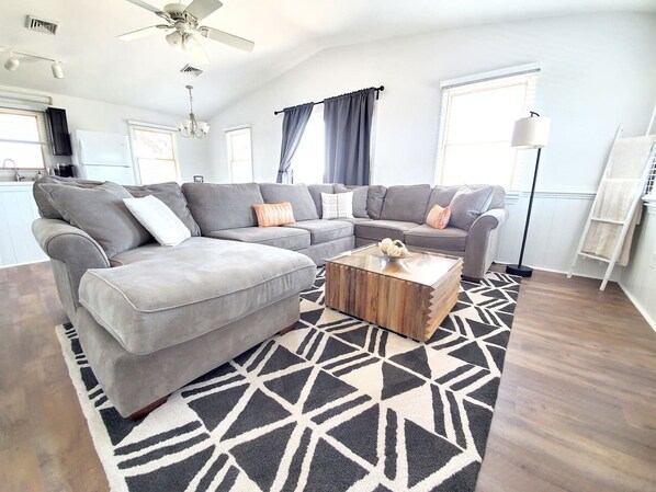 Havertys Couch & West Elm Coffee Table & 65" Flat Screen!