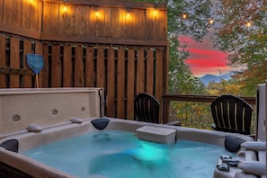 Hot tub with String Lights and a Gorgeous View
