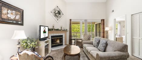 Living Room, Cable TV, Seasonal Fireplace, Sleeper Sofa, and Deck Access