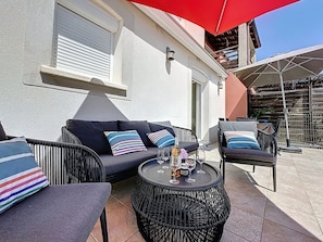 Furniture, Outdoor Furniture, Chair, Table, Outdoor Table, Apartment, Patio, Shade, Balcony, Coffee Table