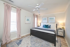 King bed in the master bedroom, black out shades