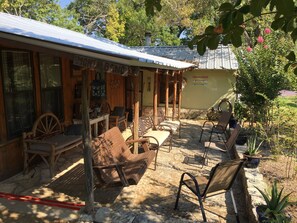 Entry patio with seating for about 9-10.