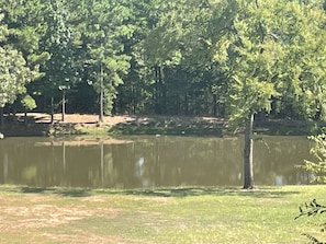 View of the Pond from the Deck. Fully Stocked. Paddle Boat and Row Boat availabl