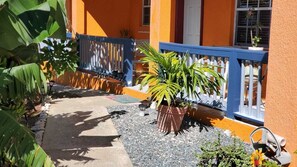 Pathway to the apartment is lined with solar lights 