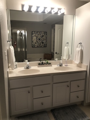 Master bath with double sinks and walk in closet