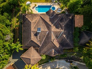A breathtaking bird’s-eye view, highlighting the elegant design and layout of the home