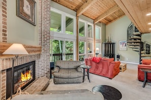 Living room with wood-burning fireplace