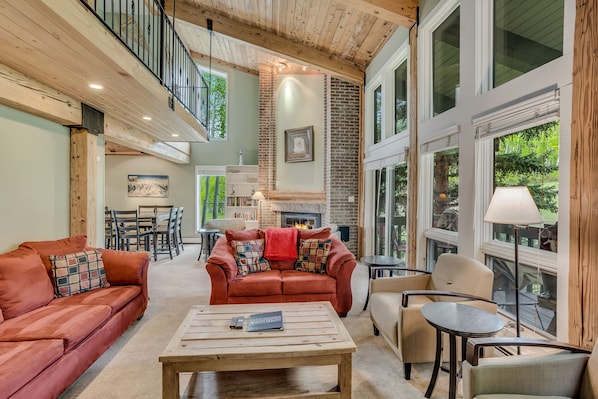 Living room with wood-burning fireplace