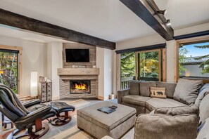 Living room with wood-burning fireplace